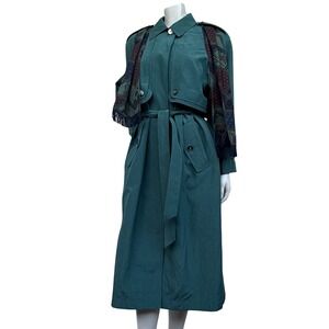 VIPetites Trench Coat Teal Belted Scarf Vintage 90s Dark Academia Size 11/12